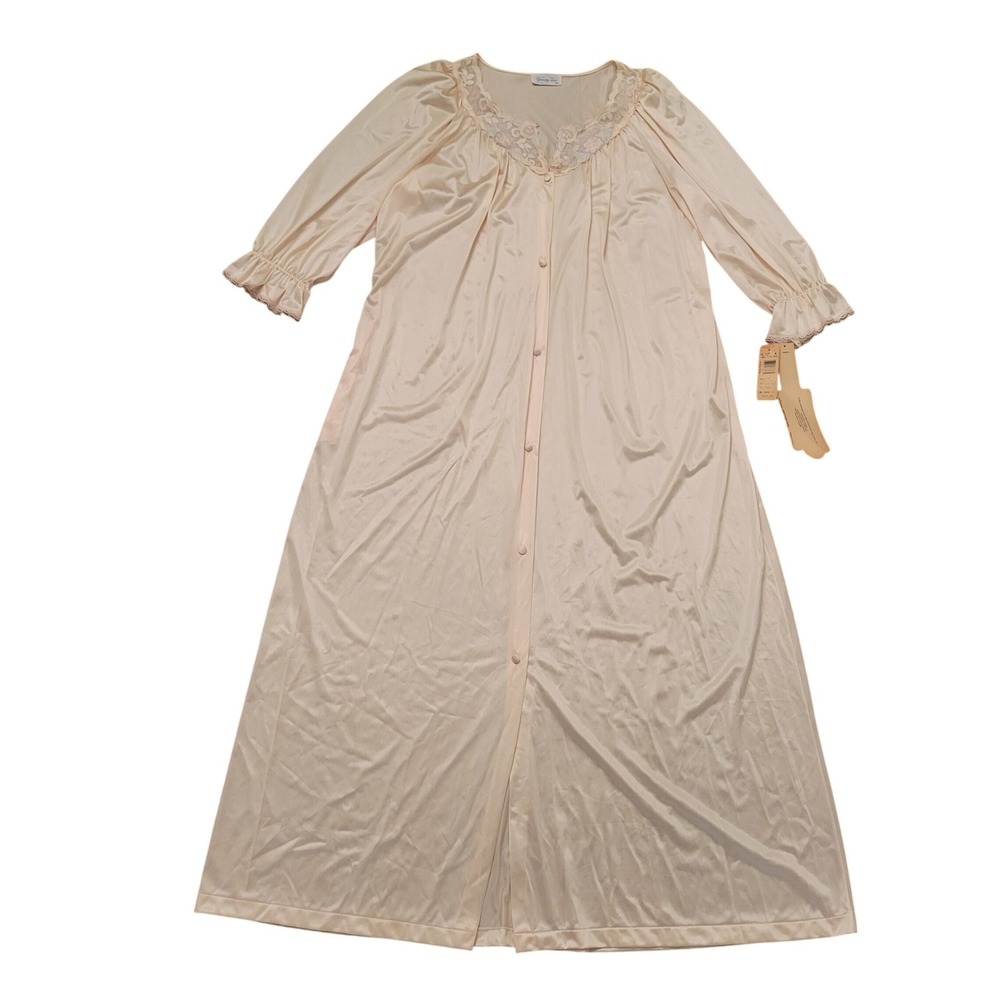 Vanity Fair M Nightgown Satin Tricot Lace Button Lingerie Robe USA Light Peach